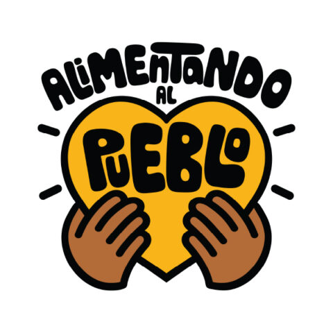 Alimentando al Pueblo logo with two hands holding a yellow heart and the words "Alimentando al Pueblo" superimposed
