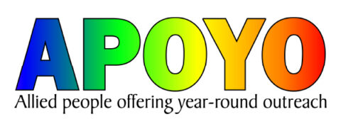 APOYO logo with the letters "APOYO" in various various colors and the words "Allied people offering year-round outreach" underneath