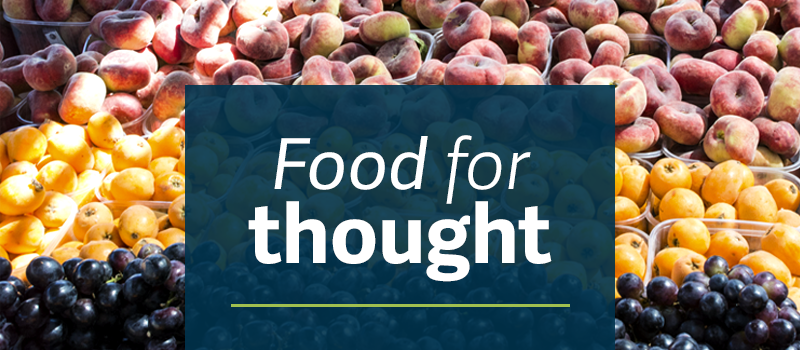 background image of stone fruit behind blue color block with Food for Thought in white text