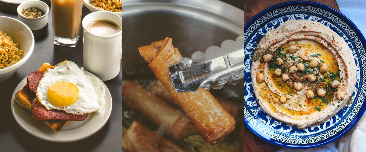 photo of a plate with toast topped with a fried egg and fried spam, next to a photo of silver tongs holding a fried eggroll, next to a photo of a plate of hummus topped with olive oil, chickpeas, herbs and spices