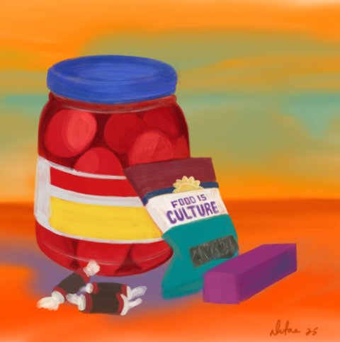 digital painting of pickled eggs in a jar, sunflower seeds, and tootsie rolls against a colorful abstract background