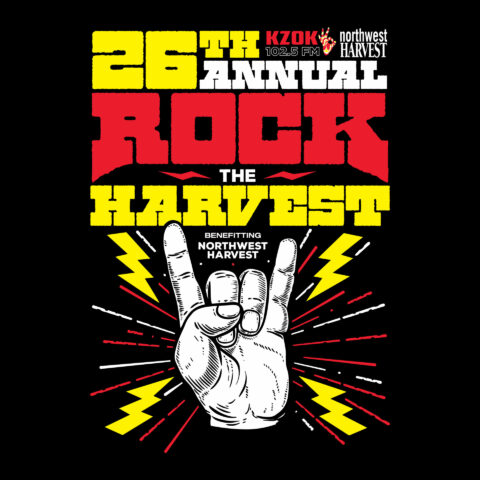black background with yellow, red, & white text of '26th Annual Rock the Harvest benefiting Northwest Harvest" above cartoon drawing of a 'rock on' hand with red and white lines and yellow lightning bolts shooting out