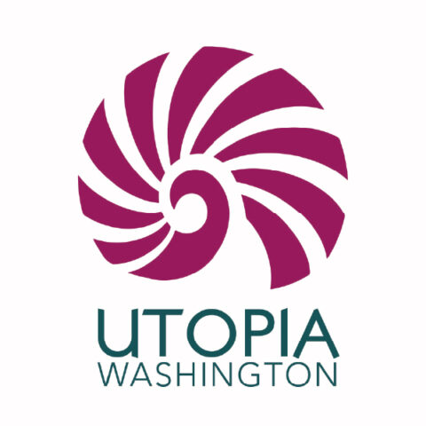 UTOPIA Washington logo. Geometric burgundy colored nautilus shell with "UTOPIA Washington" stacked underneath.