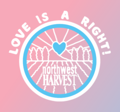 love is a right in white text above graphic of field with mountains and heart with NWH logo on bg of pink gradient