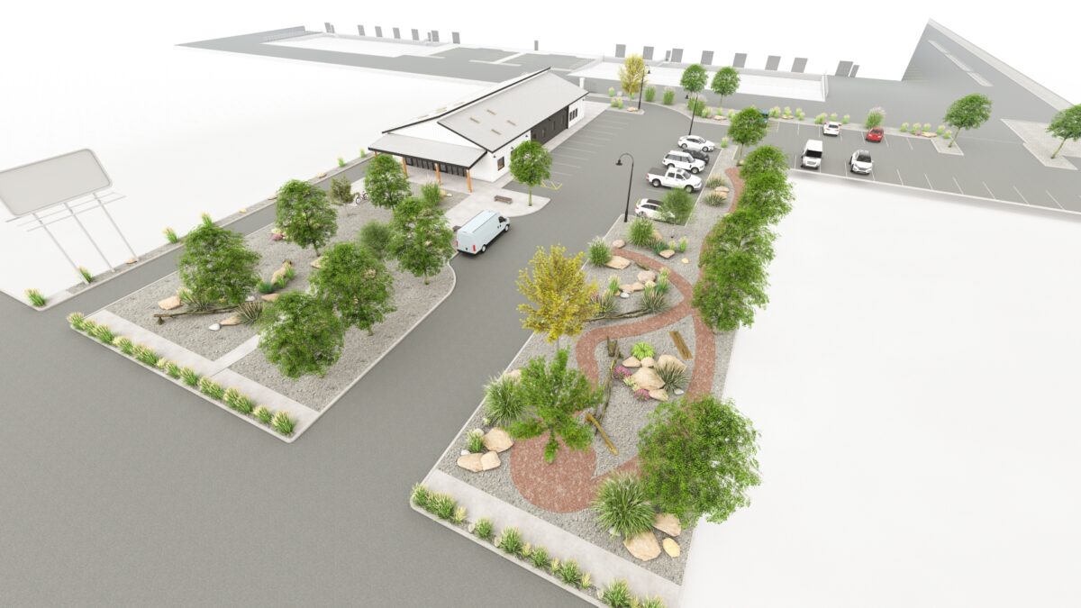 Architect rendering of the market. Parking lot with cars and landscaping.
