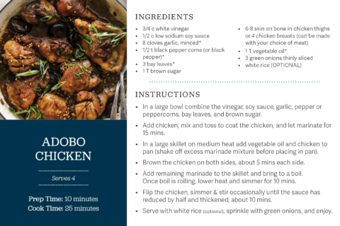 recipe card for adobo chicken
