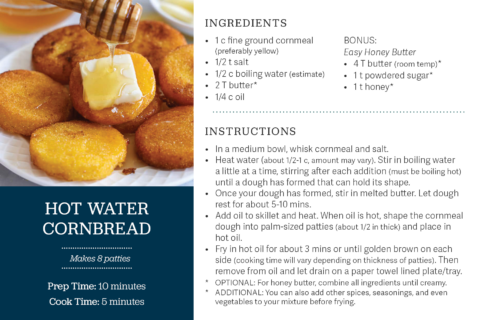 recipe card for hot water cornbread - photo of prepared dish with instructions