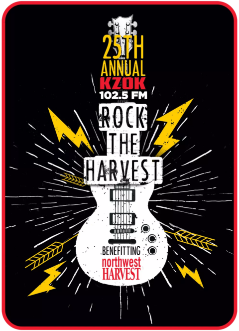 2022 Rock the Harvest logo: white guitar with lighning bolts on black background